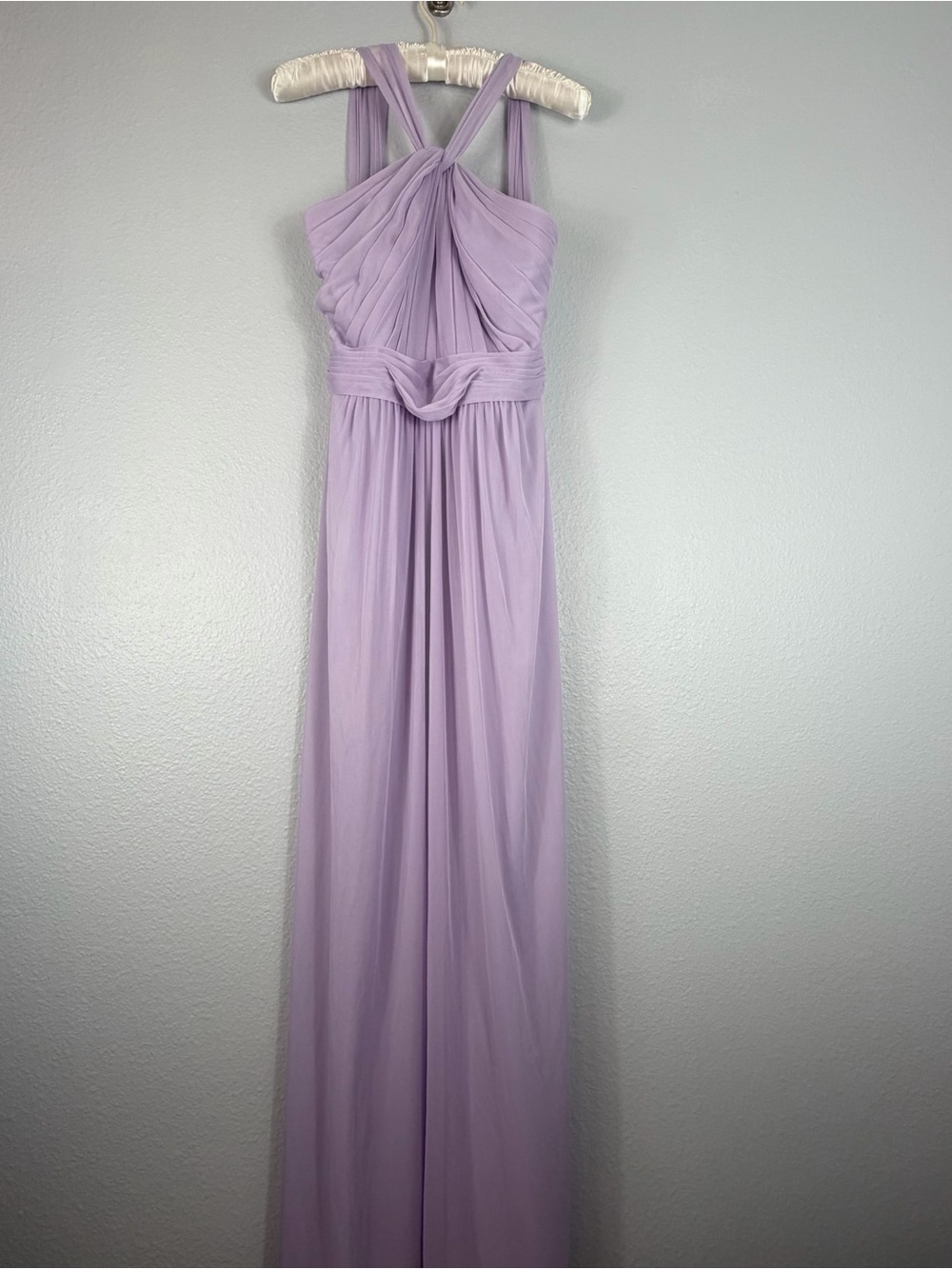 David’s Bridal W11173 Iris Purple Y-Neck Long Mesh Bridesmaid Dress Size 6